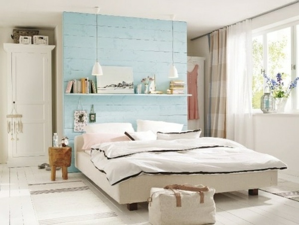Holz Bett Kopfteil Schlafzimmer Design himmelblau 