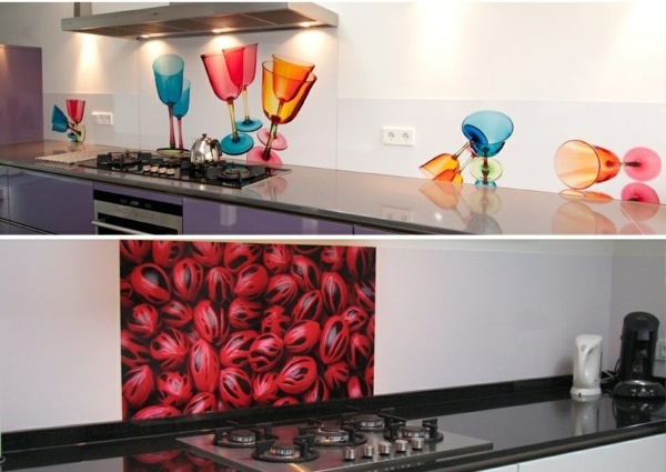 Küche Design Ideen Glas Rückwand Motive orange blau