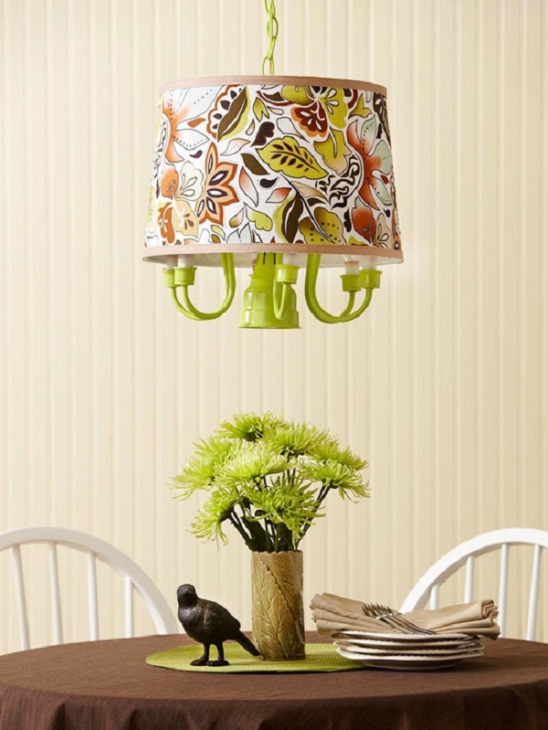 Lime-green-DIY-chandelier-with-fabric-lamp-shade