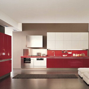 Loft Wohnung Weiß Rot-Schränke Küche eingebaut