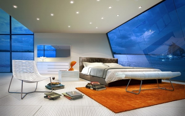 Modernes Schlafzimmer Meerblick-Einbau Deckeleuchten-rot Wollteppich