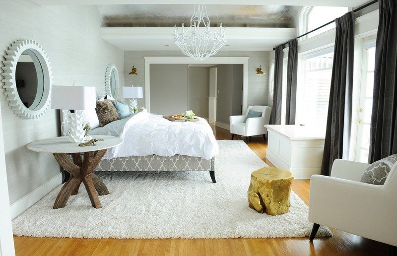 Möbel aus Baumstamm Beistelltisch-Shaggy-Teppich-Schlafzimmer