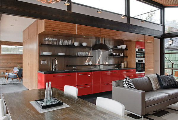 Offene Küche Rote Unterschränke-Möbel design Ausstattung