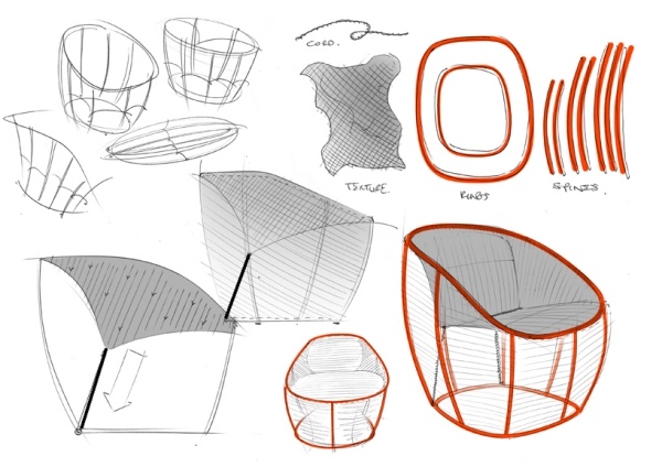 Projekt Realisation-Skizzen Membrane-Sessel Entwurf