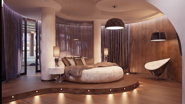 Rundbett futuristisch Schlafzimmer-Podest Designideen Beleuchtung Boden