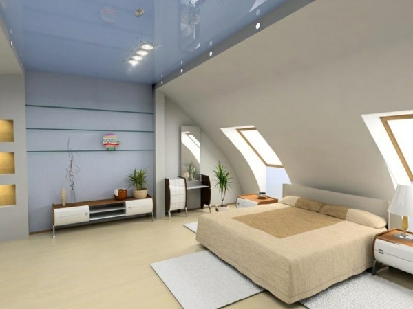 Schlafzimmer Einrichtung Farbe  blau beige Dachschräge
