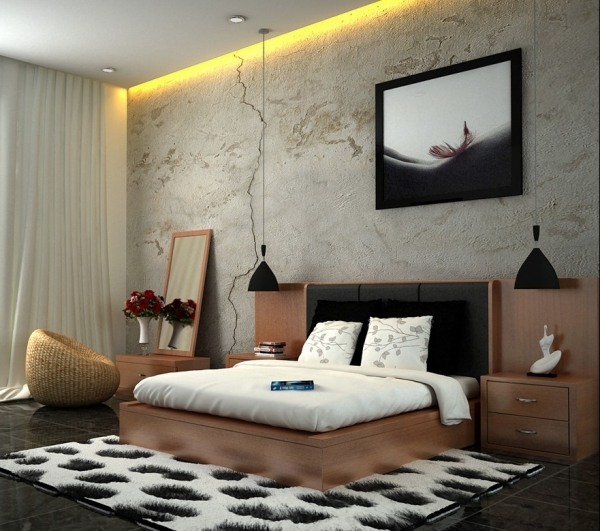 Schlafzimmer Farben-Gestaltung Hellbraun-Teppich Kuhfell Muster