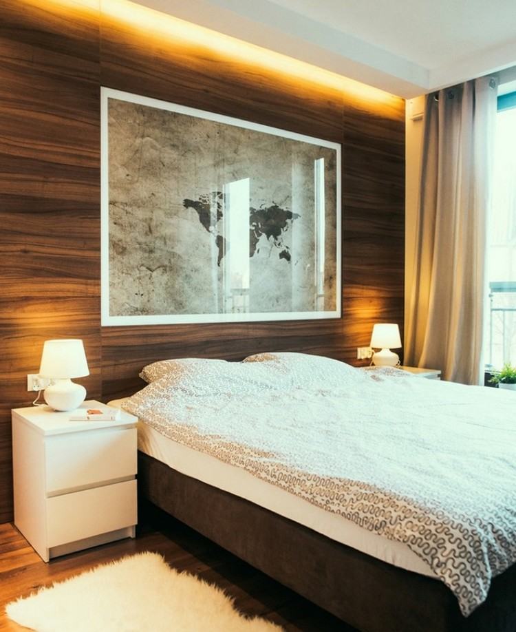 Schlafzimmer Farben braun-holz-wandpaneele-polsterbett-led-beleuchtung-led