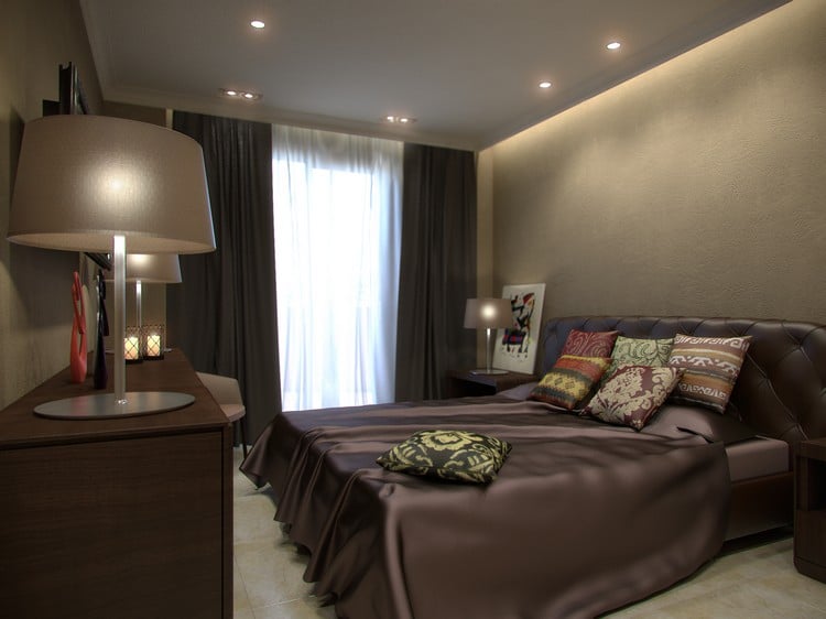 Schlafzimmer Farben braun-luxus-led-deckeneinbauleuchten-polsterbett-indirekte-beleuchtung
