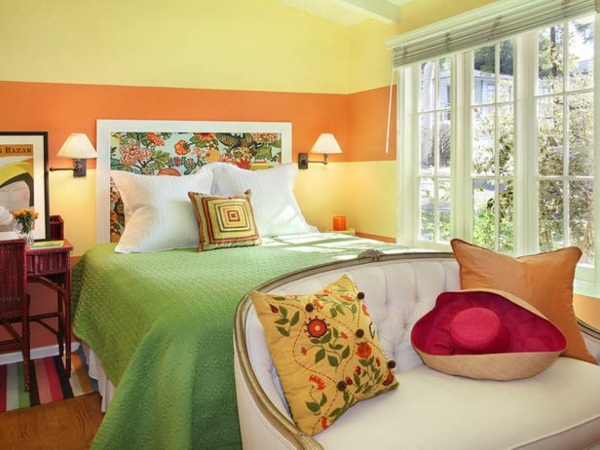 Schlafzimmer farben Streifen gelb orange grün
