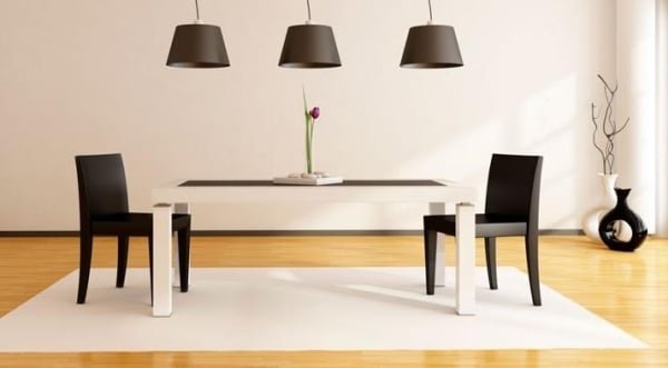 Schwarz Weiß-Möbel Einrichtung-Ideen Esszimmer-Teppich Parkett