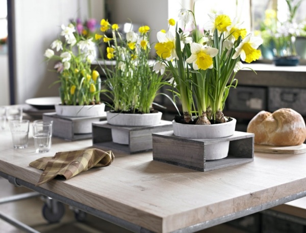 Tisch Deko Narzisse rustikaler Esstisch Design Blumentöpfe