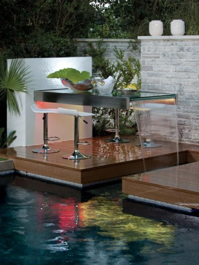 Wasserfall Tisch Pool Gestaltung Ideen Barstühle