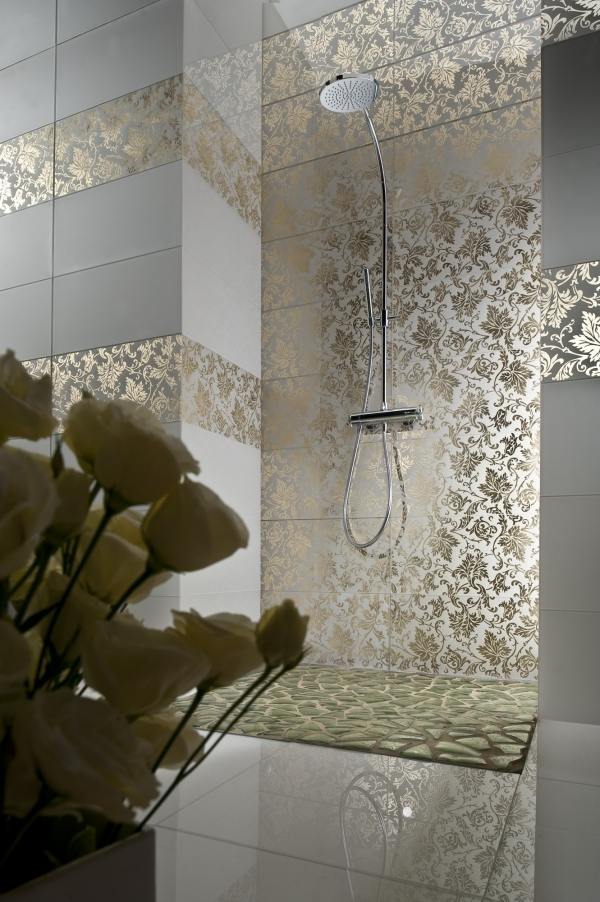 Wohnideen Badezimmer Wand fliesen-Duschkabine Flora Motive vergoldet