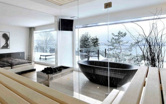 Wohnideen Badezimmer schwarze Marmorwanne Schlafzimmer modern
