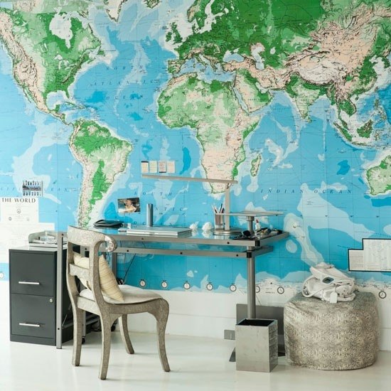 Wohnideen Home Office-blau grün Weltkarte-vintage retro Möbel
