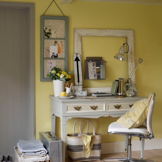 Wohnideen Home Office gelb grau vintage Möbel