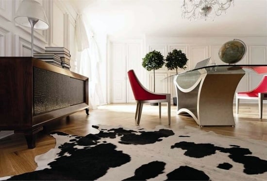 Wohnideen Home rot weiß luxus-modern Kuhfell Teppich