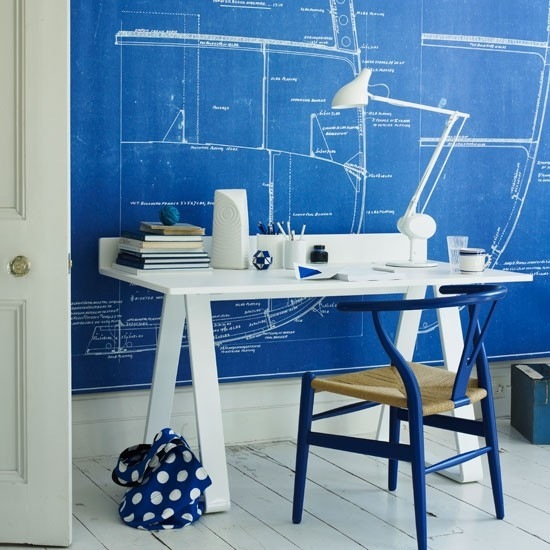 Wohnideen Homeoffice blau weiß moderne Klassik Büromöbel