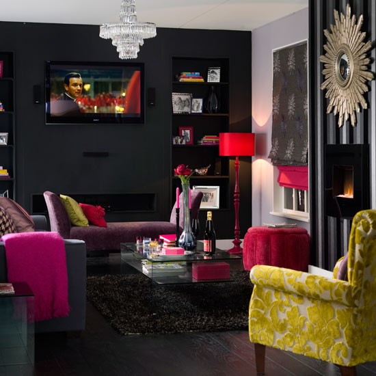 Wohnideen Wohnzimmer-bunt-lila pink schwarz-modern Innendesign