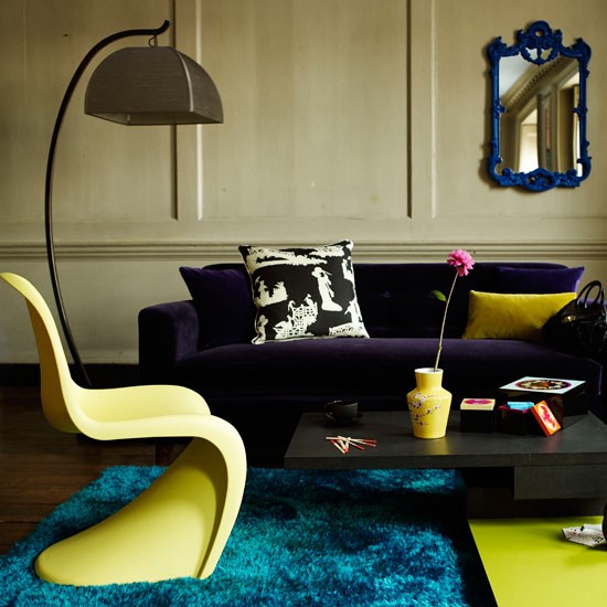 Wohnideen-Wohnzimmer-gelb blau-Retro modern-Mix Möbel