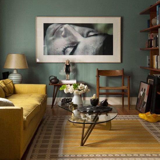 farbideen wohnzimmer Wohnideen Wohnzimmer-gelb grün-Retro-Klassik Einrichtung
