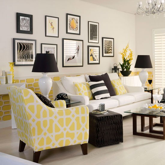 Wohnideen Wohnzimmer-gelb schwarz weiß-retro Stil