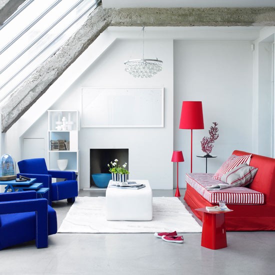 Wohnideen Wohnzimmer-weiß rot blau-minimalistisch modern
