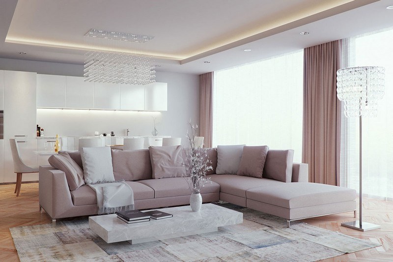 Wohnzimmer-Wohnideen-Design-rosa-Sofa-Kristall-Bodenlampe