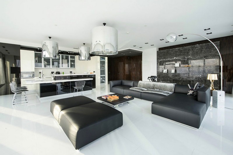 Wohnzimmer-Wohnideen-Design-schwarze-Wohnlandschaft-Marmorwand