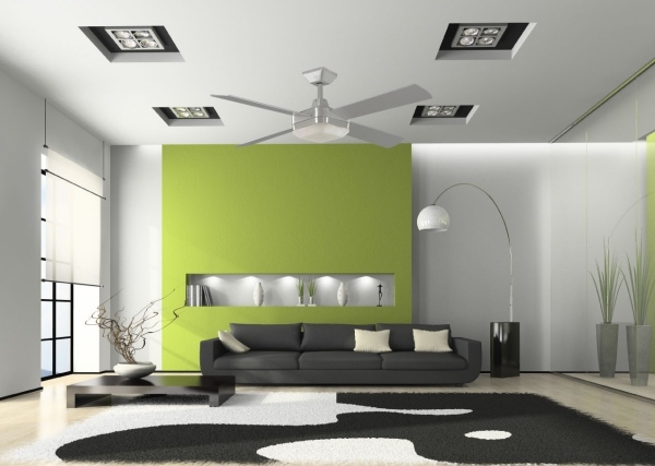 Wohnzimmer Ideen Spanndecke Deckengestaltung-Licht Grüngestrichene Wand