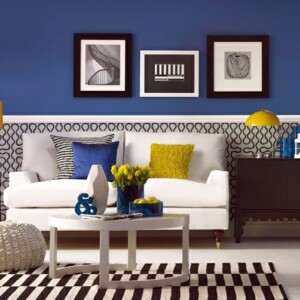 Wohnzimmer Wohnideen dunkelblau gelb weiß Farben