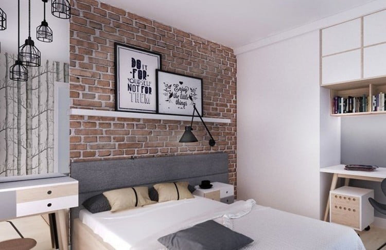 attraktive-wandgestaltung-schlafzimmer-tapete-ziegeloptik-regale