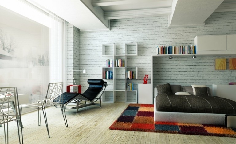 backstein wandverkleidung weiss design schlafzimmer modern teppich bunt