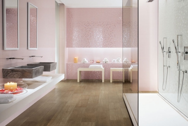 bad fliesen atlas concorde rosa mosaik spiegel effekt glas duschkabine