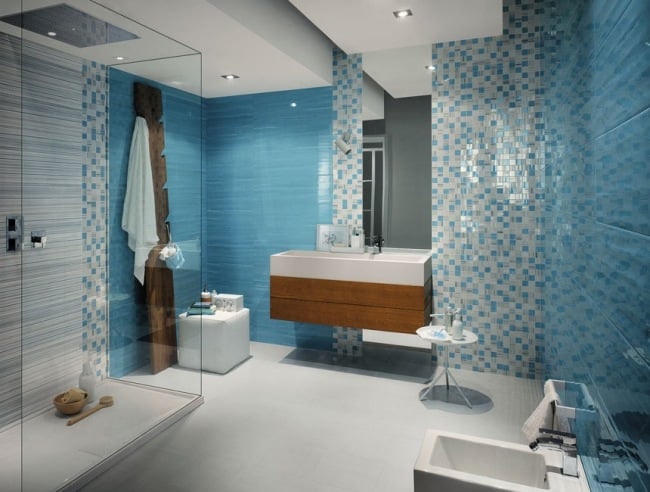 badezimmer design ideen glas duschkabine hellblau weiß glänzend