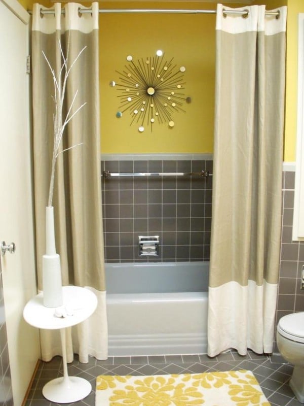 badezimmer farben grau gelb duschvorhang wandspiegel