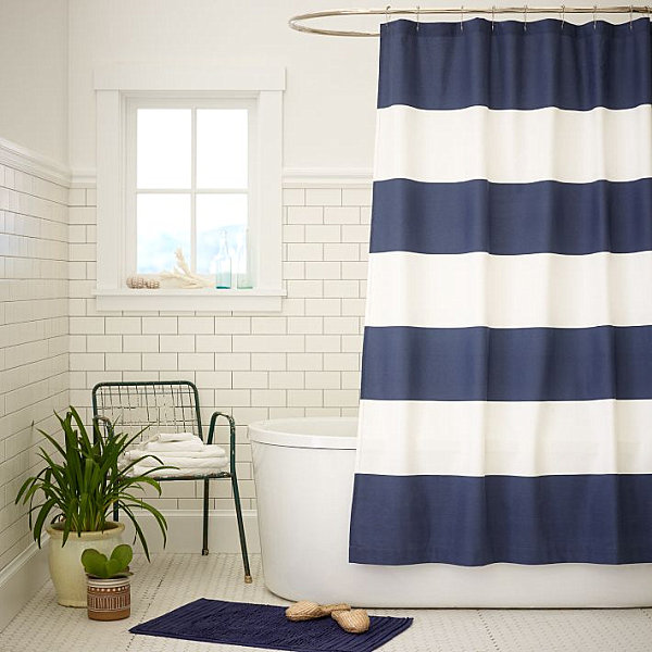 dunkelblaue streifen ideen für duschvorhänge dekoration