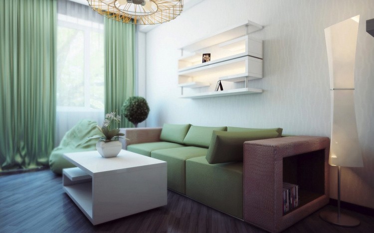 Farben im Wohnzimmer gruenes-sofa-gardinen-weisse-tapeten-holzboden