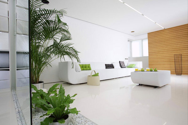 farben im wohnzimmer weiß grün pflanzen minimalistisch
