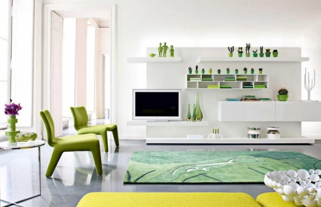 farben im wohnzimmer weiß grün wohnwand grasgrüner teppich