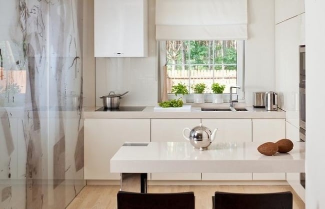kleine weiße küche hochglanz ohne griffe glaspaneele wanddeko