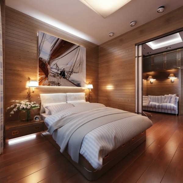 Schlafzimmer Design Holz Wand Lampen Bett Position