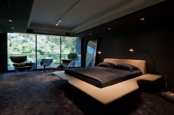 luxus wohnung schlafzimmer einbauleuchten lederbett