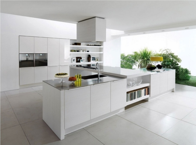 minimalismus küche hochglanz weiß offene regale