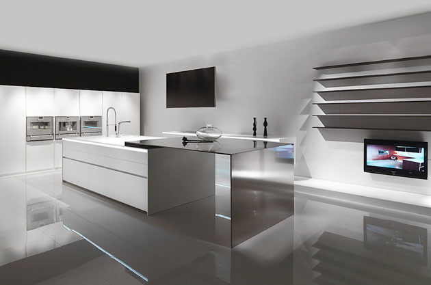 moderne küche minimalistisch weiß grau einbaugeräte hochglanz