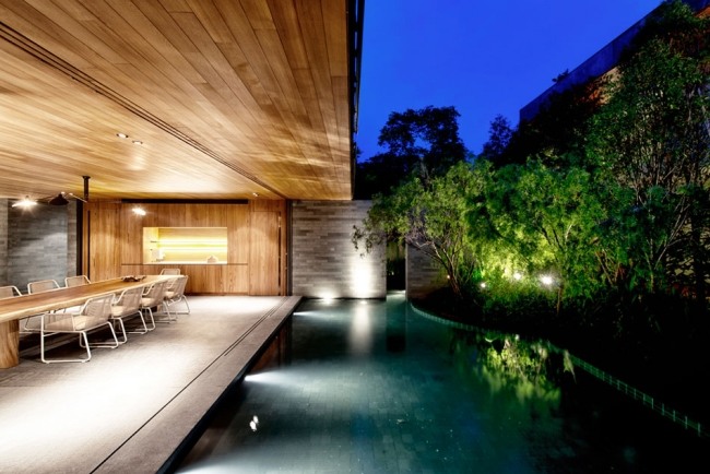 moderne architekur pool holzdecke üppige vegetation
