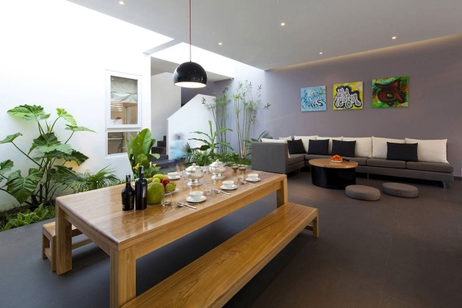 moderner wohnbereich offen esstisch sitzbank holz pflanzen innen