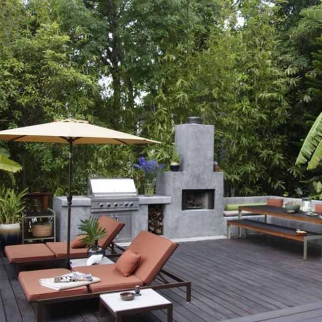 outdoor küche beton sonnenliegen terrasse essbereich