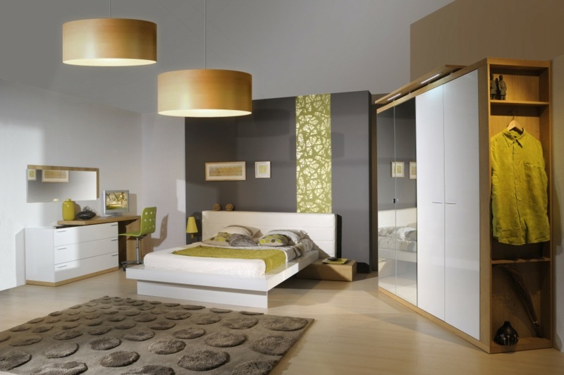 schlafzimmer beleuchtung lampenschirm gross beige teppich punkt muster